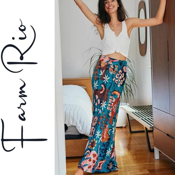 Farm Rio x Anthro Gabriela bright, multi-colored long stretchy skirt - Picture 4 of 4